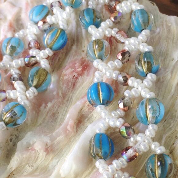 Blue, Gold & Ivory Netted Woven Bracelet - Picture 6 of 6